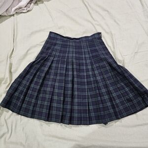 Laura Ashley 90s Vintage Pleated Cotton Plaid Skirt Dark Blue And Green Size 10